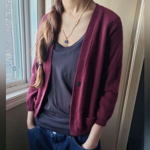 Wool & Casmere Blend Maroon One Button Closure Women's Sweater Cardigan